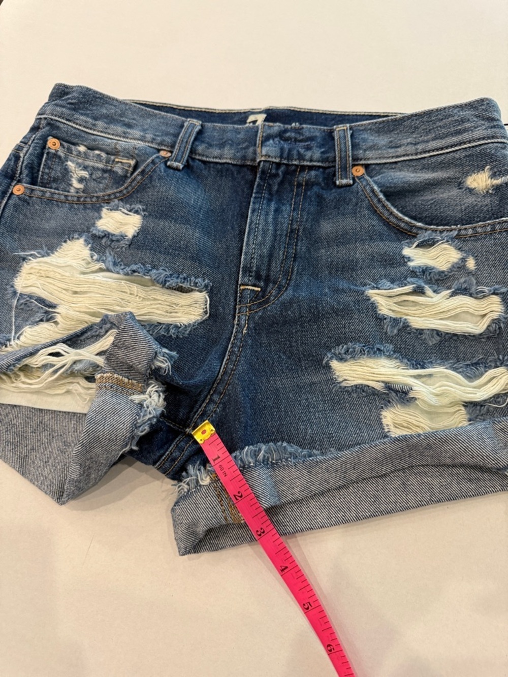 7 For All Mankind Distressed Dark Blue Denim Shorts - Picture 11 of 11